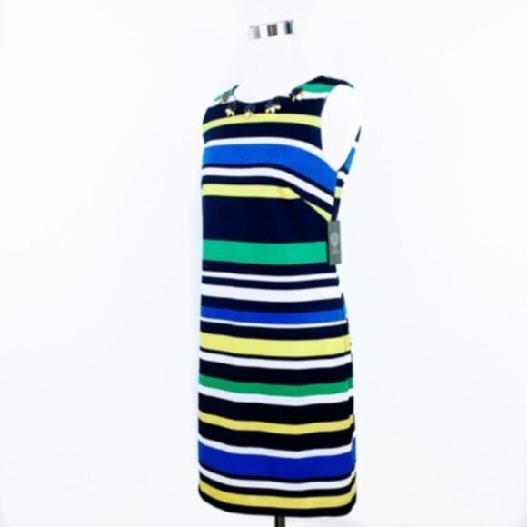 Vince Camuto Womens Blue Striped Embellished Sleeveless Sheath Dress Sz 10 New - Picture 3 of 9